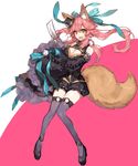  :d animal_ears ankle_cuffs aqua_ribbon bangs black_footwear black_legwear blush breasts chocoan cleavage detached_sleeves fate/extra fate/grand_order fate_(series) fox_ears fox_girl fox_tail frilled_shorts frilled_sleeves frills full_body hair_between_eyes hat holding large_breasts long_hair looking_at_viewer mini_hat mini_top_hat open_mouth over-kneehighs pink_background pink_hair ribbon shirt shoes shorts sleeveless sleeveless_shirt smile solo standing tail talisman tamamo_(fate)_(all) tamamo_no_mae_(fate) thighhighs top_hat two-tone_background white_background yellow_eyes 