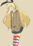  alternate_costume blonde_hair blush closed_eyes grin hairband hands_in_pockets jacket kantai_collection long_hair pleated_skirt senzaki shimakaze_(kantai_collection) simple_background skirt smile solo striped striped_legwear thighhighs 