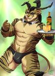  2016 alcohol animal_humanoid anthro beverage biceps bow_tie charr chest_tuft claws clothed clothing digital_media_(artwork) fangs feline fur guild_wars hair hi_res horn humanoid lagomorph looking_at_viewer male mammal manly multi_ear muscular muscular_male nipples open_mouth pecs rabbit_humanoid shade_the_wolf simple_background smile solo standing teeth tuft underwear video_games waiter 