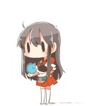  akagi_(kantai_collection) black_eyes brown_eyes brown_hair chibi full_body hakama_skirt japanese_clothes kantai_collection long_hair lowres muneate outstretched_hand rebecca_(keinelove) solid_circle_eyes solo straight_hair thighhighs white_background 
