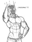  ? abs clothed clothing conditional_dnp dialogue english_text frown greyscale hand_on_hip machine male monochrome muscular pants robot solo text topless xopachi 
