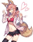  ;d animal_ears black_legwear bow bow_bra bra breasts chocoan claw_pose cleavage cowboy_shot fate/extra fate/extra_ccc fate_(series) fox_ears fox_tail heart hood hoodie jacket jewelry low_twintails medium_breasts navel necklace one_eye_closed open_clothes open_hoodie open_jacket open_mouth pink_hair red_bra scrunchie short_shorts shorts smile solo striped striped_hoodie striped_jacket tail tamamo_(fate)_(all) tamamo_no_mae_(fate) thighhighs twintails underwear white_background yellow_eyes 