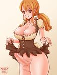  1girl afrobull bottomless breasts cleavage curvy dress_lift erection full-package_futanari futanari large_breasts long_hair matching_hair/eyes nami_(one_piece) one_piece orange_eyes orange_hair penis skirt skirt_lift solo testicles thick_thighs uncensored veins veiny_penis wide_hips 