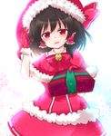  backlighting bell black_hair blurry blush bow brown_hair capelet cowboy_shot depth_of_field foreshortening frilled_bow frills gift gloves hakurei_reimu hand_up hat hat_bow head_tilt incoming_gift jingle_bell looking_at_viewer red_eyes red_gloves ribbon-trimmed_dress santa_costume santa_hat shiohachi short_hair simple_background smile snowflakes solo sparkle touhou white_background 