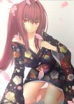  breasts cleavage fate/grand_order fate_(series) japanese_clothes kesoshirou kimono kneeling large_breasts long_hair looking_at_viewer petals ponytail purple_hair red_eyes scathach_(fate)_(all) scathach_(fate/grand_order) smile solo 