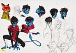  2016 anthro blue_skin canine clothed clothing crouching demon disney fox group half-closed_eyes male mammal marvel monoflax nick_wilde nightcrawler pointy_ears simple_background sketch sketch_page white_background x-men yellow_eyes zootopia 