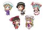  :3 alternate_hair_color ascot bangs bat_wings black_hair black_skirt blonde_hair blue_eyes blue_hair blush blush_stickers bow chamaji chibi collared_shirt detached_sleeves dress fang fedora frilled_bow frilled_dress frilled_skirt frills gradient_hair green_hair hair_between_eyes hair_bow hair_tubes hakurei_reimu half-closed_eyes hand_on_hip hand_up hands_on_own_chest hat hat_bow hat_ribbon long_sleeves looking_at_viewer maribel_hearn mob_cap multicolored_hair multiple_girls no_mouth pink_dress purple_dress purple_eyes red_eyes red_shirt red_skirt remilia_scarlet ribbon ribbon-trimmed_collar ribbon-trimmed_sleeves ribbon_trim shiny shiny_hair shirt short_sleeves simple_background skirt slit_pupils smile solid_circle_eyes tabard touhou untucked_shirt usami_renko white_background white_dress white_shirt wings yakumo_yukari yin_yang 