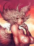  bare_shoulders big_hair breasts brown_eyes chinese_zodiac claws fumio_(rsqkr) large_breasts lips long_hair looking_at_viewer monster_girl original parted_lips solo white_hair wings year_of_the_rooster 