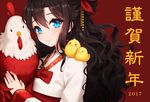  2017 animal animal_on_shoulder ankkoyom bangs bird blue_eyes blush brown_hair chick chicken chinese_zodiac commentary eyebrows_visible_through_hair hair_between_eyes hair_ornament hanbok happy_new_year heart highres holding kanzashi korean_clothes light_smile long_hair nengajou new_year on_shoulder original rooster solo translated upper_body wavy_hair year_of_the_rooster 