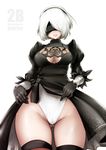  ass_visible_through_thighs black_dress black_gloves blindfold breasts cleavage cowboy_shot dress facing_viewer gloves leotard medium_breasts mole mole_under_mouth nier_(series) nier_automata short_hair simple_background solo souryu thick_thighs thigh_gap thighs white_background white_hair white_leotard wide_hips yorha_no._2_type_b 