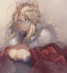  ahoge artoria_pendragon_(all) artoria_pendragon_(lancer) bangs blonde_hair blue_eyes breasts chocoan cleavage cloak cross crown fate/grand_order fate_(series) fur_trim hair_between_eyes large_breasts light_smile looking_at_viewer parted_lips solo upper_body 