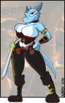  2016 armband armor aubrin big_breasts blue_scales boots bracers breasts camel_toe clothing collar corset female footwear hand_on_hip huge_breasts hyper hyper_breasts kerri kobold leather leather_armor lingerie looking_at_viewer melee_weapon rogue scales scalie smug sword weapon 
