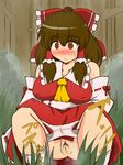  1girl artist_request bare_shoulders blush bow breasts brown_eyes brown_hair bush detached_sleeves erect_nipples fat foliage forest grass hair_bow hakurei_reimu long_hair long_sleeves miko nontraditional_miko panties peeing pubic_hair pussy red_bow solo touhou tree white_panties 