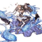  blonde_hair blue_eyes breasts cleavage dress flower full_body granblue_fantasy hair_flower hair_ornament high_heels holding jar large_breasts looking_away minaba_hideo oceanus_(granblue_fantasy) open_mouth petals smile solo thighhighs transparent_background urn water 