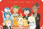  3boys 3girls :d ;d ^_^ black_eyes black_hair blonde_hair blue_eyes blue_hair closed_eyes dark_skin dark_skinned_male flower food fruit gen_1_pokemon gen_3_pokemon gen_4_pokemon gen_7_pokemon green_eyes green_hair hair_flower hair_ornament hairband happy_new_year high_ponytail highres japanese_clothes kaki_(pokemon) kimono lillie_(pokemon) long_hair mamane_(pokemon) mandarin_orange mao_(pokemon) multicolored_hair multiple_boys multiple_girls new_year one_eye_closed open_clothes open_kimono open_mouth orange_hair pikachu piplup pokemon pokemon_(anime) pokemon_(creature) pokemon_sm_(anime) red_background red_hair rowlet satoshi_(pokemon) short_hair smile suiren_(pokemon) torchic trial_captain twintails two-tone_hair 