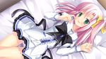  1girl bed blush bow female game_cg green_eyes hooksoft pink_hair priministar solo touri_tsubasa 