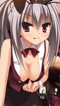  1girl :p animal_ears artist_request black_skirt bow breasts bunny_ears casino character_request cleavage copyright_request erect_nipples long_hair looking_at_viewer nipples presenting red_bow red_eyes skirt smile smirk solo tongue tongue_out white_hair 