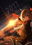  2016 2017 black_skirt black_vest blonde_hair closed_mouth cloud embellished_costume flying hair_ribbon highres long_sleeves looking_at_viewer new_year outstretched_arms red_eyes red_ribbon red_scarf ribbon rumia scarf sh_(562835932) skirt skirt_set smile solo spread_arms sunrise touhou vest 