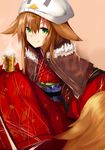  animal_ears bangs beanie breath brown_hair can capelet commentary_request fox_ears fox_tail fur_trim green_eyes haik hair_between_eyes hair_flaps happy_new_year hat highres holding holding_can japanese_clothes kimono knees_up kokonoe_tsubaki long_hair looking_at_viewer multiple_girls new_year obi original out_of_frame red_kimono sash smile solo_focus tail white_hat 