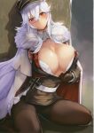  1girl absurdres azur_lane bangs belt black_gloves black_jacket black_legwear blush bra bra_pull breasts cape capelet cleavage eyebrows_visible_through_hair fur_trim gloves graf_zeppelin_(azur_lane) hair_between_eyes hat highres huge_breasts iron_cross jacket kneeling long_hair long_sleeves looking_at_viewer military military_jacket military_uniform pantyhose parted_lips peaked_cap red_eyes satou_daiji scan shirt_pull silver_hair simple_background sitting skirt solo thighs underwear uniform wariza white_bra white_cape 