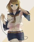  1girl bangs beige_background belt black_shorts blonde_hair blue_eyes blush cowboy_shot detached_sleeves eyebrows_visible_through_hair female hairclips headphones kagamine_rin looking_at_viewer navel sailor_collar shorts simple_background sleeveless solo tsucchiy vocaloid 