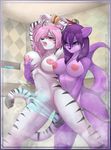  anthro arctic-sekai armpits bdsm blush bondage bound breasts duo feline female from_behind_position iggy mammal mustelid nipples open_mouth ottsel pussy sex shower smile tiger water water_jacking 