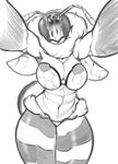  abs antennae anthro arthropod bee big_breasts breasts cleavage clothed clothing conditional_dnp female greyscale insect looking_at_viewer monochrome solo thick_thighs wings xopachi 