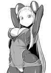  arms_behind_head bodysuit breasts cleavage dress electro_emilia greyscale ken_(koala) large_breasts long_hair looking_at_viewer monochrome original panties short_dress simple_background skin_tight solo underwear white_background 