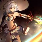  1girl altera_(fate) breasts collarbone detached_sleeves fate/grand_order fate_(series) holding holding_staff hood kosumi layered_skirt midriff miniskirt navel red_eyes silver_hair skirt small_breasts solo staff standing stomach white_skirt white_sleeves 