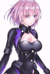  1girl alonalon002 black_bodysuit bodysuit breasts cleavage cleavage_cutout eyebrows_visible_through_hair fate/grand_order fate_(series) hair_between_eyes mash_kyrielight medium_breasts ortenaus pink_hair purple_eyes shiny shiny_hair short_hair simple_background smile solo standing white_background 