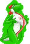  big_breasts breast_fondling breasts dinosaur female fondling green_body long_tongue mario_bros nintendo nipples plain_background rule_63 scalie solo speeds super_mario_bros. tongue video_games white_background yoshi 