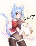  2017 animal_ears bangs belt bird black_legwear blue_hair breasts cat_ears cat_girl cat_tail checkered checkered_background chicken chinese_zodiac commentary_request cowboy_shot denim denim_shorts eyebrows_visible_through_hair facial_scar fur_coat fur_trim grin hair_between_eyes highres holding large_breasts new_year original pantyhose ribbed_sweater ryota_tentei scar scar_on_cheek short_hair short_shorts shorts smile solo sweater tail teeth tora_tentei turtleneck year_of_the_rooster yellow_eyes 