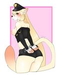  anthro blush breasts butt clothing cum cum_on_breasts cum_on_face feline female handcuffs hands_behind_back hiddenwolf looking_at_viewer mammal nipples police_uniform shackles solo thick_thighs uniform 