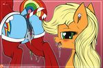  2016 anal anal_penetration anus applejack_(mlp) blonde_hair blush butt candy candy_cane clothing cutie_mark dock duo ear_piercing earth_pony equine eyelashes female female/female feral food freckles friendship_is_magic green_eyes hair hi_res horse legwear licking licking_lips long_hair mammal multicolored_tail my_little_pony neko-me penetration piercing pony pussy pussy_juice rainbow_dash_(mlp) rainbow_tail tongue tongue_out 