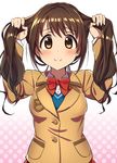  alternate_hairstyle blazer blush brown_eyes brown_hair bunching_hair idolmaster idolmaster_cinderella_girls jacket long_hair looking_at_viewer polka_dot polka_dot_background ribbon school_uniform shimamura_uzuki smile solo twintails wagashi928 