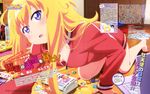  :o absurdres all_fours barefoot blonde_hair blue_eyes blush breasts computer copyright_name downblouse extra eyebrows_visible_through_hair gabriel_dropout highres jacket laptop long_hair long_sleeves looking_at_viewer magazine magazine_scan messy_hair messy_room no_bra no_pants official_art open_mouth promotional_art scan shiraha_raphiel_ainsworth small_breasts solo tenma_gabriel_white text_focus track_jacket watanabe_mai 