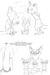  2016 akiric anthro black_and_white canine carrying clothed clothing crossed_arms crouching cub disney eyewear female fox group judy_hopps lagomorph male mammal monochrome nick_wilde rabbit simple_background sitting sunglasses white_background young zootopia 
