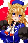  animal_ears ar_(lover_boy) atago_(kantai_collection) blonde_hair blue_eyes blush breasts cat_ears cat_paws hat heart highres kantai_collection kemonomimi_mode large_breasts paw_pose paws solo uniform 