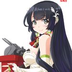  black_hair bow box dated dd_(ijigendd) dress grey_eyes hair_tubes holding holding_box kantai_collection lace_hairband lips long_hair mizuho_(kantai_collection) red_bow simple_background smile solo strapless strapless_dress turret white_background 