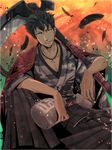  black_hair bottle cross cross_necklace facial_hair feathers hakama jacket_on_shoulders japanese_clothes jewelry male_focus necklace qrow_branwen rwby sake_bottle scythe solo stubble sumiwow 