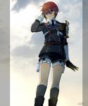  armor black_neckwear double-breasted gloves holster japanese_armor lips male_focus military military_uniform mizuhara_aki necktie red_hair shinano_toushirou shorts shoulder_armor sode solo thigh_holster touken_ranbu uniform wrist_extended 