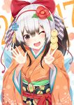  2017 ;d animal animal_on_shoulder bangs bird black_hair blush brown_eyes chick chinese_zodiac commentary_request hair_between_eyes hands_up igakusei japanese_clothes kimono long_hair multicolored_hair new_year obi on_shoulder one_eye_closed open_mouth orange_kimono original red_string sash smile solo string two-tone_hair upper_body v white_hair year_of_the_rooster 