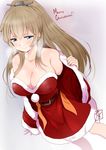  alternate_breast_size artist_name bare_shoulders belt belt_buckle blue_eyes breasts brown_hair buckle capelet cleavage collarbone commentary_request covered_nipples dress fur_trim grey_background heart kantai_collection kumano_(kantai_collection) large_breasts long_hair long_sleeves merry_christmas off_shoulder ponytail red_dress santa_costume smile solo strapless_santa_dress wide_sleeves yamasaki_wataru 