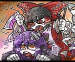  =3 abuse al_bhed_eyes angry bangs black_hair blunt_bangs blush_stickers bow crossed_bandaids crying crying_with_eyes_open detached_sleeves ear_pull gohei hair_between_eyes hair_bow hair_tubes hakurei_reimu letterboxed line_shading long_hair multiple_girls on_person purple_hair red_bow red_eyes reisen_udongein_inaba round_teeth suenari_(peace) tears teeth touhou white_skin wide_sleeves 