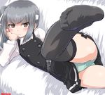  :/ belt black_legwear blush brown_eyes chin_rest couch dated dd_(ijigendd) dress feet foreshortening green_panties grey_hair hand_on_own_cheek headband kantai_collection kasumi_(kantai_collection) leg_up lying no_shoes on_couch on_side panties pantyshot pantyshot_(lying) pinafore_dress remodel_(kantai_collection) scowl solo thighhighs thighs underwear v-shaped_eyebrows 