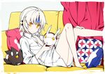  barefoot buttons closed_mouth collarbone collared_shirt couch curtains elsword eve_(elsword) facial_mark flat_chest forehead_jewel headgear hwansang leg_up looking_at_viewer moby_(elsword) naked_shirt pillow remy_(elsword) shirt short_hair silver_hair sitting solo unbuttoned unbuttoned_shirt white_shirt yellow_eyes 