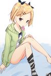  black_ribbon blonde_hair brown_eyes cardigan commentary_request condom condom_in_mouth hair_ornament hair_ribbon hairclip kneehighs knees_up looking_at_viewer mimura_zaja mouth_hold ribbon shirobako short_hair single_sock sitting sketch socks socks_removed solo striped striped_legwear twintails yano_erika 
