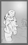  2016 anthro beach canine carrying clothing disney duo female fox jack_savage lagomorph male mammal mistermead monochrome on_shoulders palm_tree rabbit sand seaside skye_(zootopia) swimsuit text tree water zootopia 