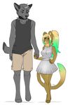  anthro canine clothed clothing collar duo female fur hair hand_holding hiddenwolf male male/female mammal smile standing 