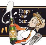  alcohol bodysuit champagne champagne_bottle commentary english happy_new_year high_ponytail highres mechanical_halo mechanical_wings mercy_(overwatch) new_year overwatch solo splashbrush wings yellow_wings 